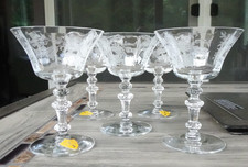 Set of 5 Tiffin USA Etched Glass FUCHSIA Liquor Cocktail Goblets Stemware picture