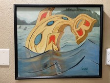 Mid Century Pacific Northwest Original Painting Orca Whale Signed Framed 21X25 picture