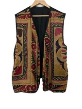 Vintage Embroidered Folk Art Vest Boho India Animal Floral Festival Linen XXL picture