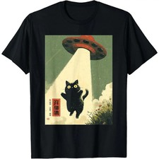 Vintage Japanese Cat Alien Cat Dad UFO Abduction Graphic Tee picture