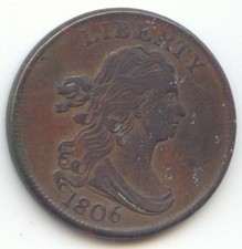 1806 Draped Bust Half Cent, Small 6, No Stems, VF-XF picture