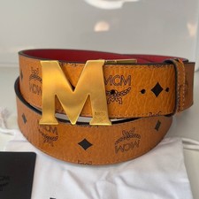 Authentic MCM men's belt reversible brown & red leather belt gold buckle picture