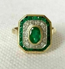 3.00 Ct Oval Cut Natural Emerald & Diamond Wedding Ring 14K Yellow Gold picture