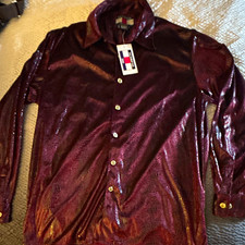 VINTAGE NWT Scorpio 2000 Metallic Burgundy Snakeskin Disco Club Kid Shirt mens L picture