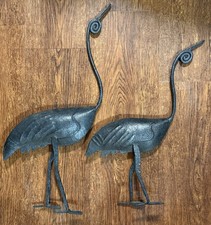 Pair Of 2 Art Deco Hollow Cast Metal Large Crane / Heron Sculptures Swirled Head picture