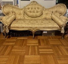 Rare Vintage French-inspired vintage gold damask sofa with a carved gilded frame picture