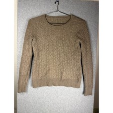 100% Cashmere Cable Knit Sweater Taupe Brown Crew Neck Pullover RN 58909 picture