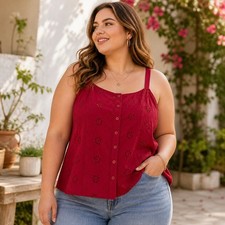 Torrid Eyelet Cami Tank Top Plus Size 1X 14-16 Cotton Red Cottage Boho Beach picture