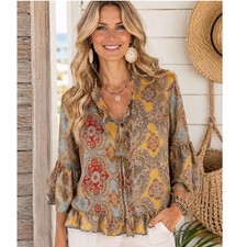 Cato Plus Sportswear Wild Prairie Allure Paisley Blouse 18/20W Boho Bell Sleeve picture