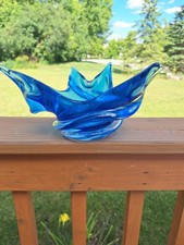 RARE MCM Chalet Canada 6 Point Murano Sommerso Cobalt Blue Splash Bowl Signed picture
