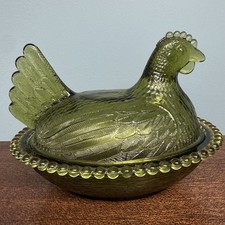 Vintage Indiana Glass Olive Green Beaded Rim Hen On Nest Chicken Candy Dish 7” picture