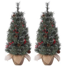3FT Mini Pre Lit Christmas Tree Snow Flocked 78 LED Lights Burlap Base Battery picture