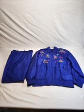 Strictly Silk Saint Germain Vintage 90s Silk Tracksuit Blue Embroidered Set M picture