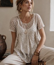 Anthropologie Akemi + Kin Lace Top S Lyra Sheer Swing Metallic Beige Open Knit picture