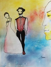 Original watercolor painting fine Art fantasy woman & man figurative artwork picture