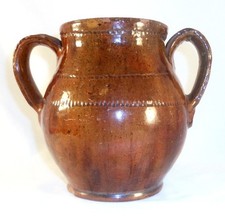 Antique Manganese Lead Glazed PA Redware Two Handled Jar by Jacob Medinger picture