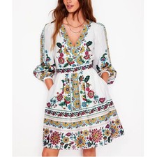 Boden Mya Cotton Short Dress White Floral  V-Neck Mini Dress Size 10R- NWT picture