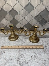 Vintage Pair Brass Triple Candle Holders Candelabra 5”x 7” Made In Japan picture