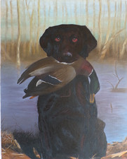 Original Artist Signed 1970's Vintage Duck Hunting Dog Oil Painting on Canvas picture