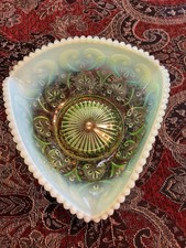 Northwood spokes & Wheels Triangular Lime Green Novelty Bowl picture