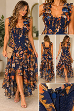 Lulus Blue Floral Square Neck Strappy Ruffle Smocked Hi-Low Maxi Dress S picture