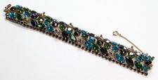 VTG Blue Green Black Rhinestone Filigree Ball Gold Tone 7.5