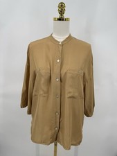 Vince Silk Blend Utility Relaxed Boxy Half Sleeve Button Shirt Sun Khaki Sz L picture