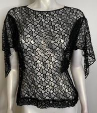 Antique 20s 30s Black Lace Top S M Overlay Flutter Sleeves Tie Evening Art Deco picture
