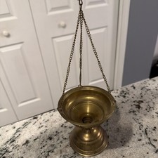 vtg Brass Hanging Pot Rustic From India With Chains And Weighted Base picture