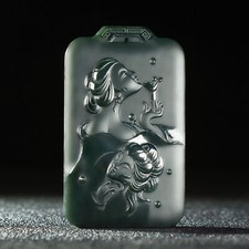 Chinese Natural Hetian Jade Cyan Jade Hand-carved Beauty Statue Pendant 1668 picture