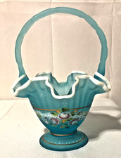 Vtg Fenton Hand Painted Charleton Collection Blue Satin/White Crest Glass Basket picture