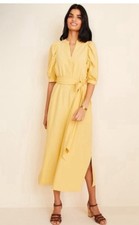 Ann Taylor classic Butter Yellow Dress V-Neck Puff Sleeve Tie Belted Sz small  picture