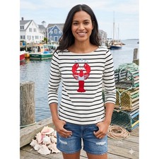 Talbots Authentic Premium Lobster Ahoy Striped Boatneck Top White Black Medium picture