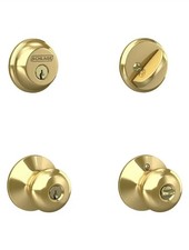 New Schlage Plymouth Bright Brass Deadbolt & Keyed Entry Door Knob Combo Pack  picture