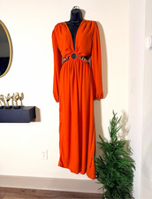 Mafer Bella by Pereira Women's Maxi Dress L Orange Pink Solid V-Neck Side Slit picture