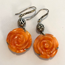 Carved orange spiny shell earrings, sterling silver, Bali design picture