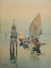 EXCEPTIONAL antique c1920 ORIENTALIST MEDITERRANEAN ITALIAN WATERCOLOR SIGNED picture
