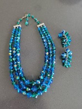 Vintage LAGUNA Blue Green AB Crystal Beads 3 Strand Necklace Earrings Set R128 picture