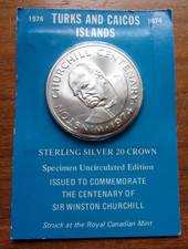 1974 TURKS AND CAICOS Churchil STERLING SILVER 20 CROWN picture