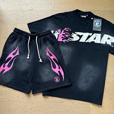 HELLSTAR Men's Black/Pink Graphic T-Shirt & Pink Flame Shorts picture