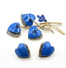 Vintage Vendome Blue Enamel Heart Leaf Brooch And Earrings REPAIRED  picture