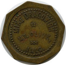 1908 Mount Olive, Illinois IL Mike Dragowich Saloon Good For 5¢ Trade Token picture