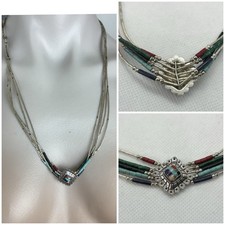 Vtg Southwest QT Sterling Liquid Silver 5 Strand Turquoise Heart Inlay Necklace picture