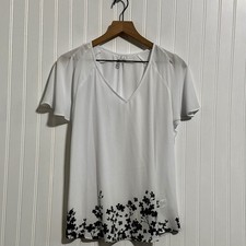 ELLE Womens XL Blouse White Black Floral V-Neck Flutter Sleeve Workwear Top picture