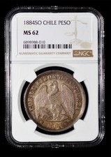 NGC MS62 1884 SO Chile Silver 1 Peso - toned picture