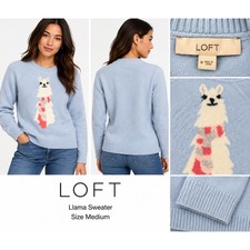 Loft Womens Light Blue Llama Graphic Scarf Crewneck Sweater Size Medium picture