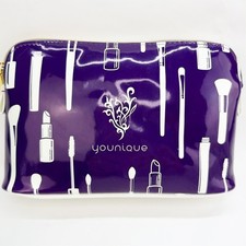 Younique Purple Patent Makeup Bag White Graphic Print Gold Zipper Pouch picture
