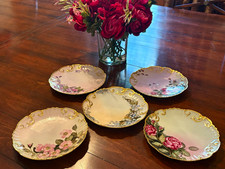 Antique Limoges France Set of 5 Floral Gold Trim Porcelain Dessert Tea Plates picture