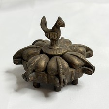 Antique Indian Kankavati (Kumkum Box, Tikka box, Kankavati) Lotus Peacock Finial picture