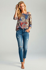 Chico's Multicolor Paisley Square Neck Knit 3/4 Sleeve Stretch Top Size 1  Boho picture